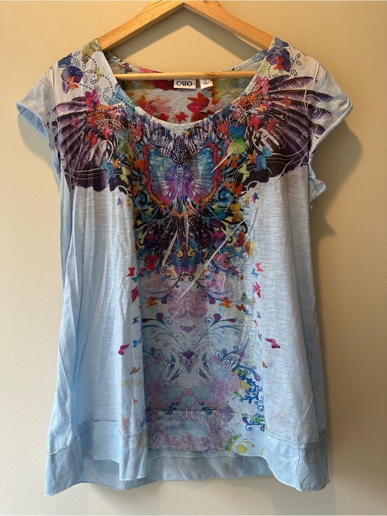 Cato Tops - Cato Light Blue Short Sleeve Tee with Multicolor Butterfly Wings
